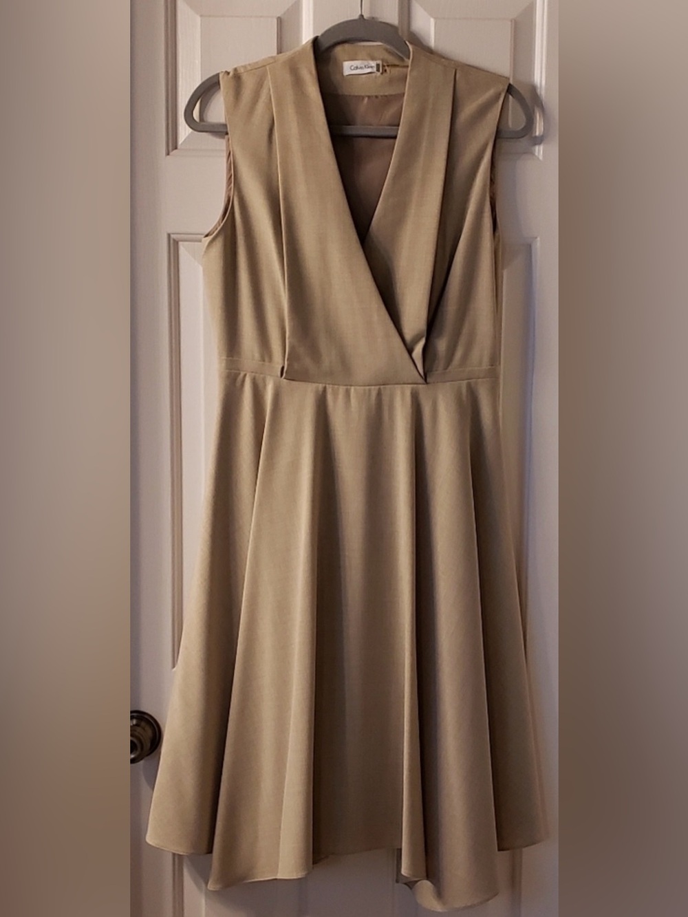 Calvin Klein Sleeveless V-Neck Wrap Pleated A-line Dress in Beige
